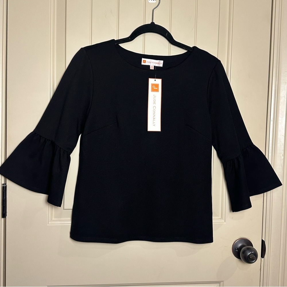 Jude Connally Dixie Ponte Black Pullover Top 3/4 Bell Sleeve Scoop Neck NWT XS - Picture 2 of 14
